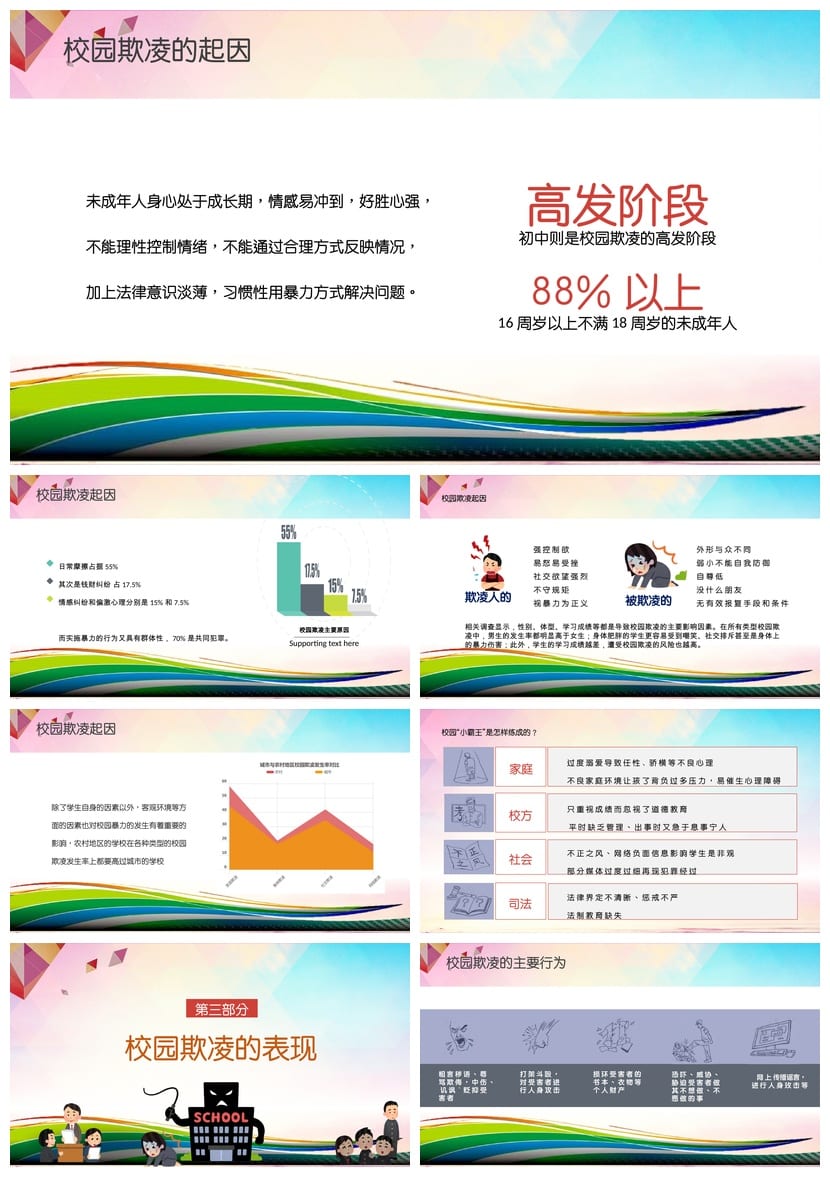 反对校园欺凌PPT模板 预防霸凌课件源文件素材 - 第2页预览