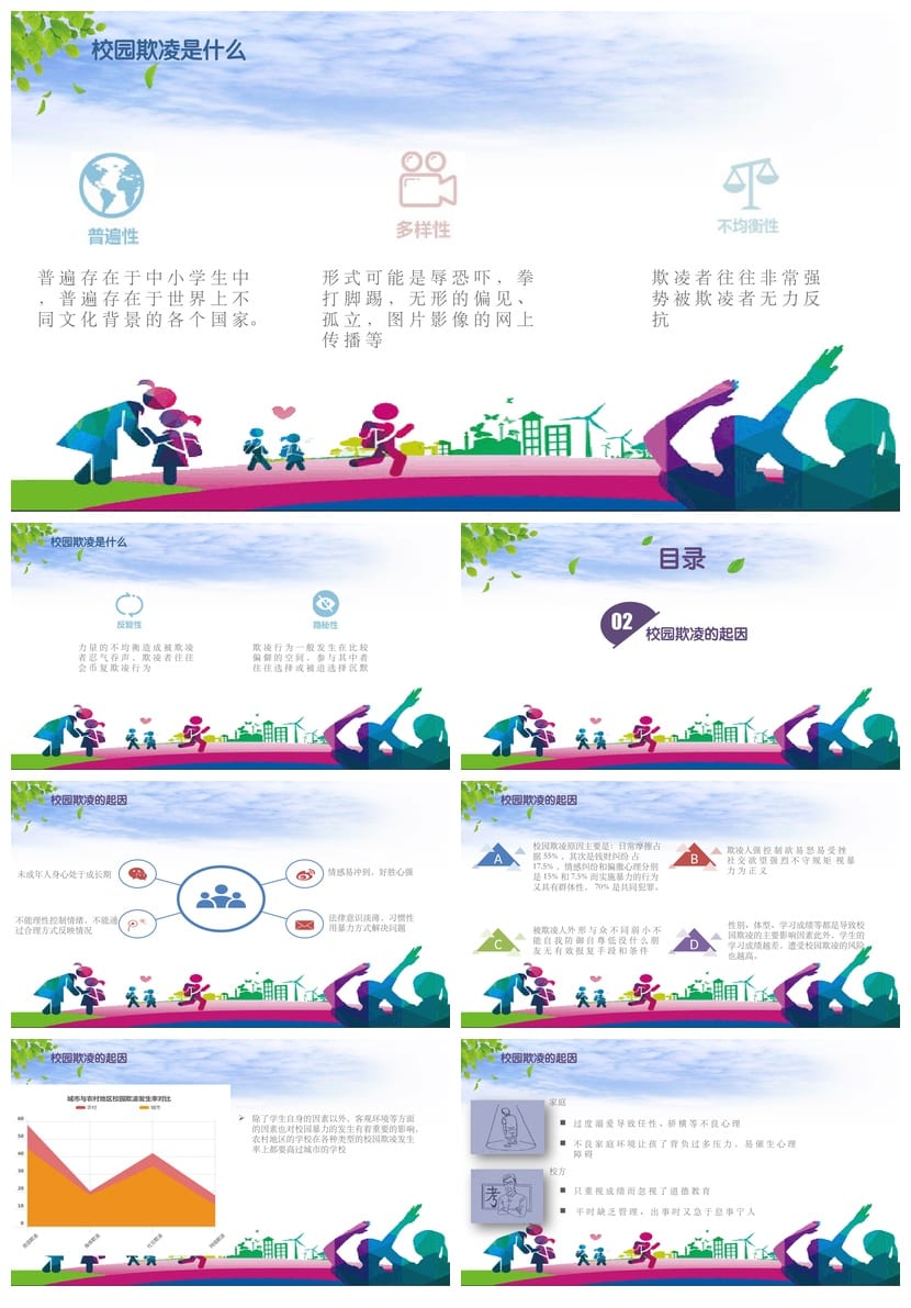 反对校园欺凌PPT模板 预防霸凌课件资源学校班会 - 第2页预览