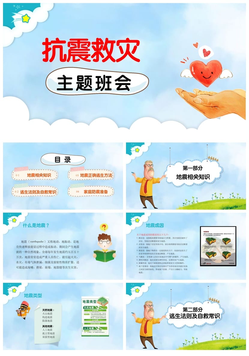 防地震安全教育PPT模板 pptx素材 防灾减灾课件 应急演练培训 - 第1页预览