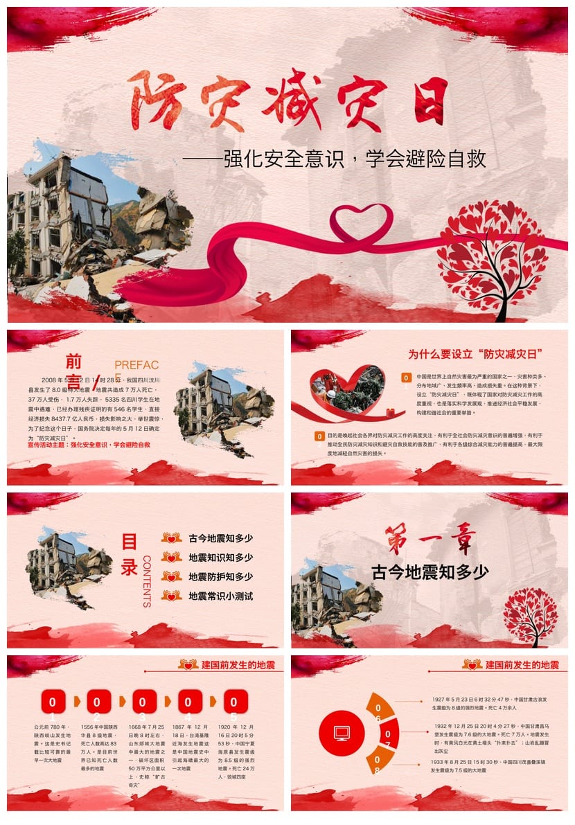 防地震安全教育PPT模板 pptx素材 防灾减灾课件 应急演练主题班会 - 第1页预览