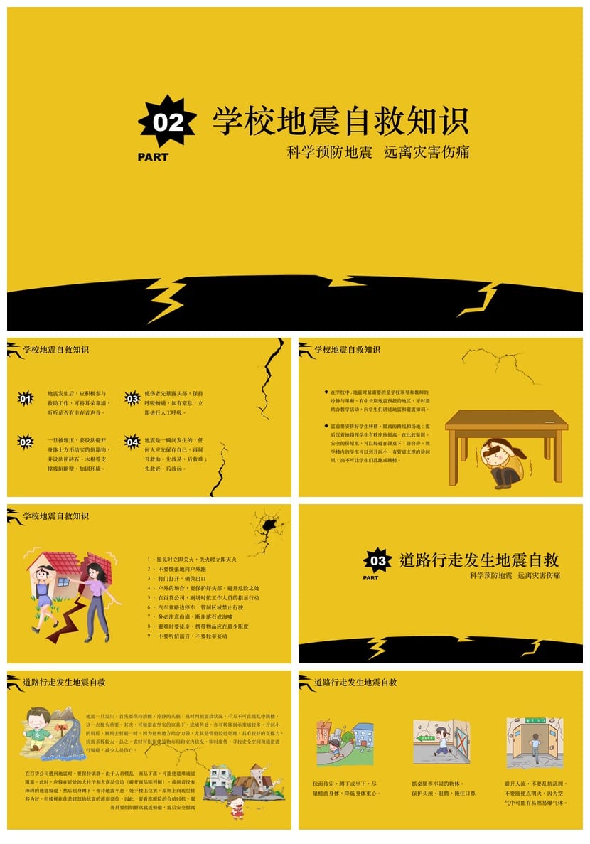 防地震安全教育PPT模板 应急防护演练课件pptx素材 - 第2页预览