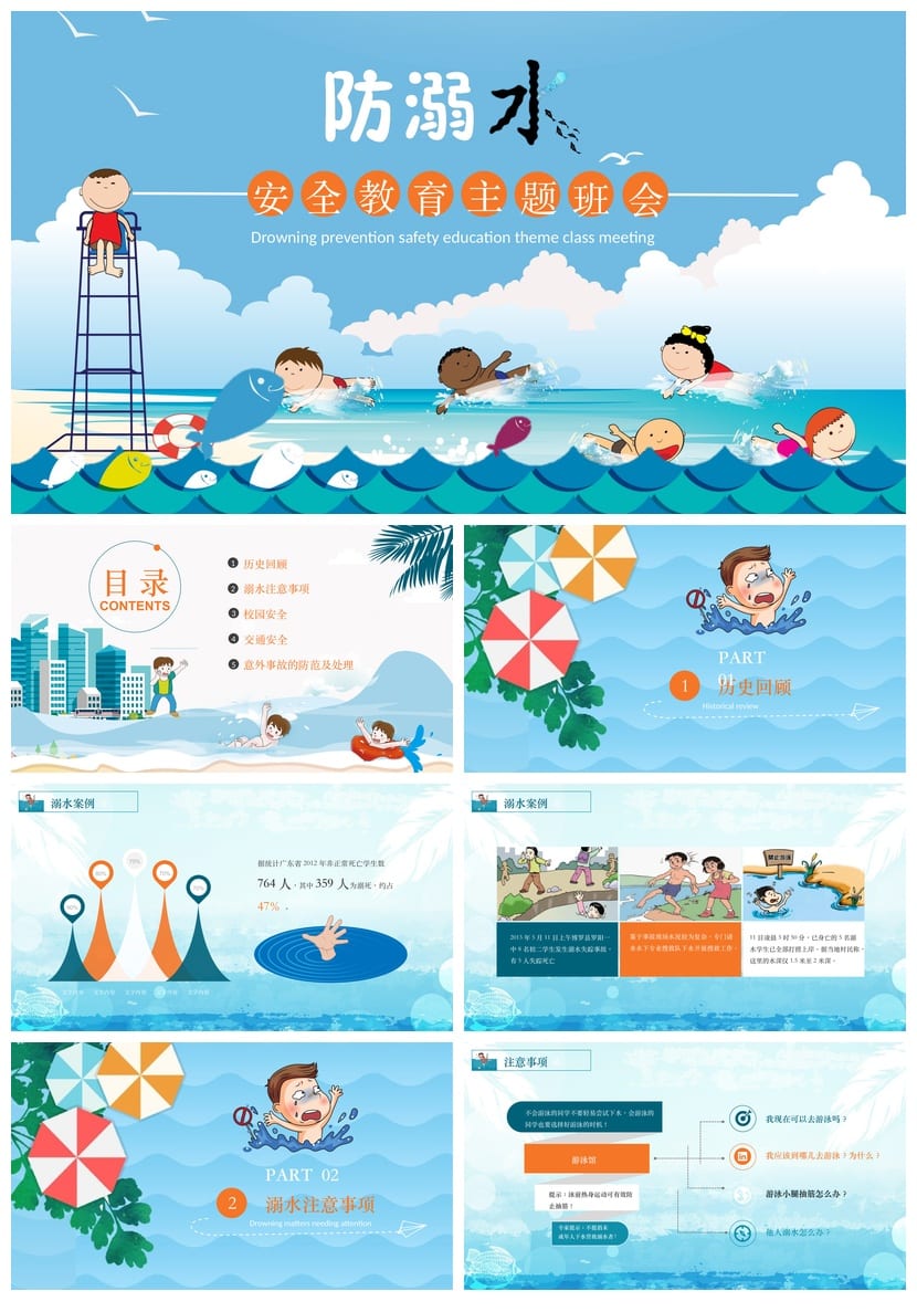 防溺水PPT模板 安全教育课件素材 防溺水主题班会ppt - 第1页预览