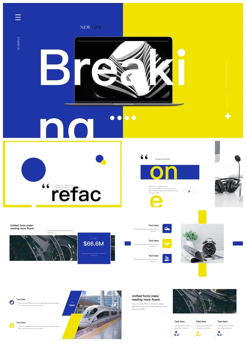 科技酷炫极蓝杂志风PPT模板 工作报告极简黄蓝风格设计素材pptx - 第1页预览