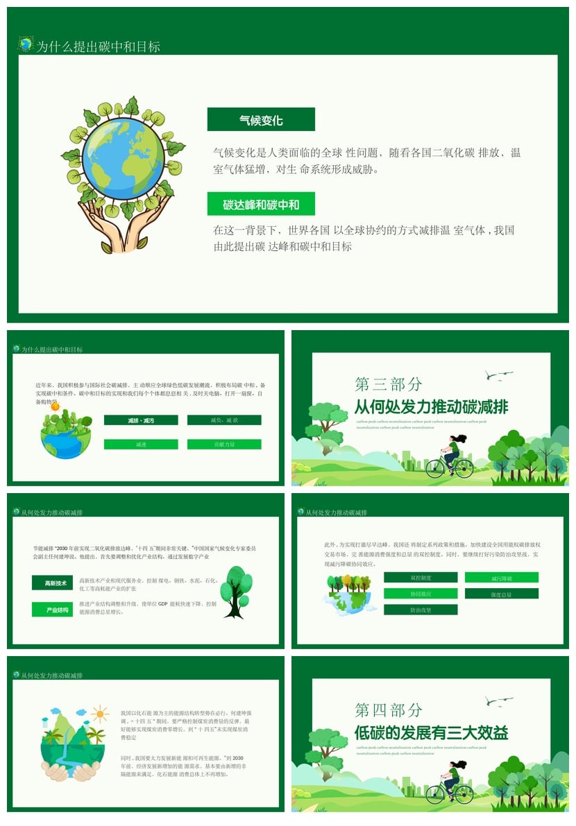绿色环保碳达峰碳中和PPT模板 低碳生活节能减排动态工作报告素材 - 第2页预览