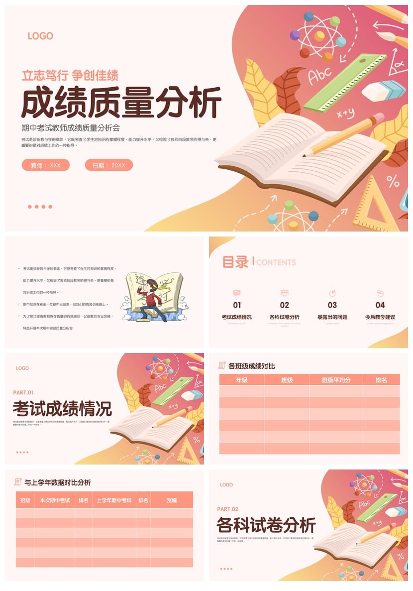 考试质量成绩分析PPT模板 教学评估数据图表素材pptx - 第1页预览