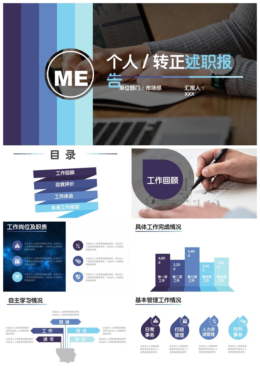 转正述职PPT模板 个人转正报告PPT素材 市场部转正汇报PPTX - 第1页预览
