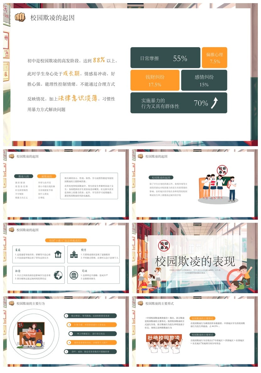 校园安全班会拒绝校园欺凌PPT课件模板 防霸凌主题班会素材 - 第2页预览