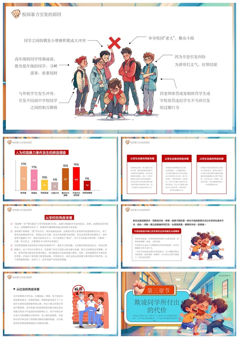 校园安全班会PPT模板|拒绝校园欺凌课件素材设计班会主题 - 第2页预览