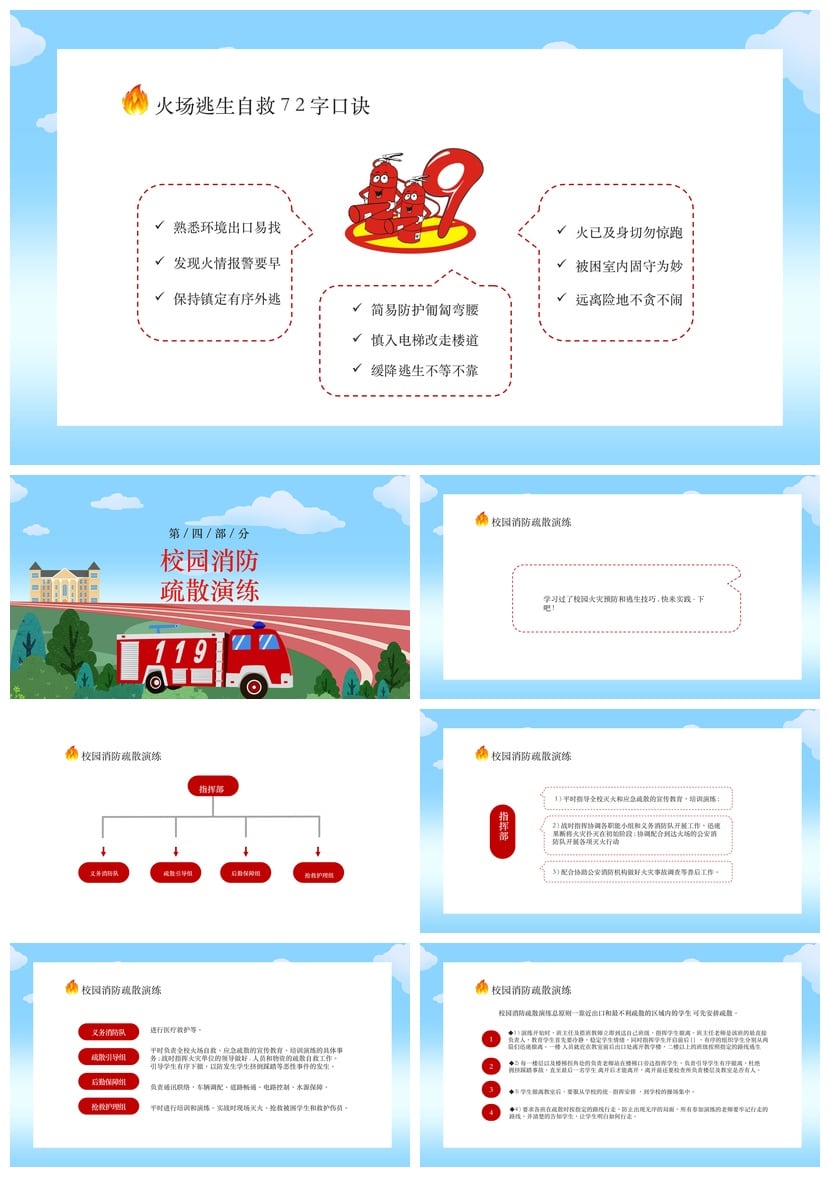 校园消防知识PPT课件 儿童防火灾安全宣传模板 消防疏散演练素材 - 第4页预览
