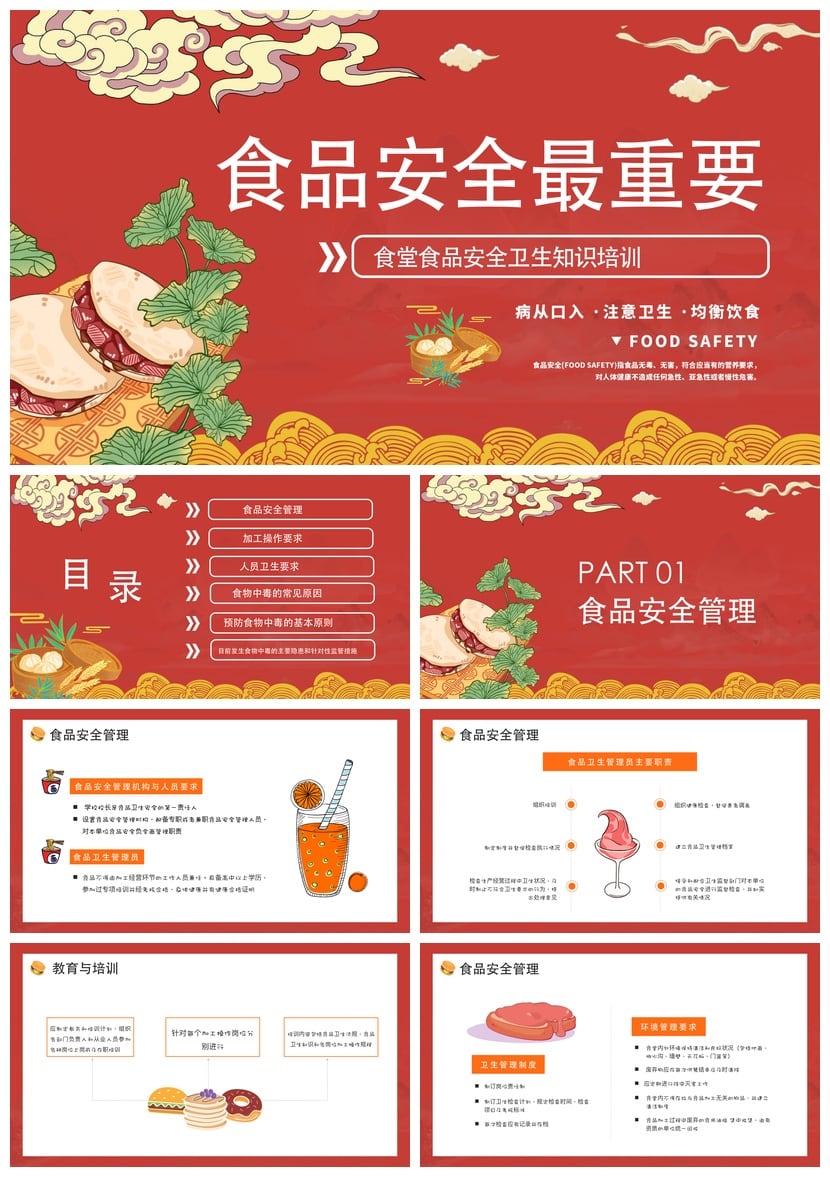 食堂食品安全PPT培训模板 事故预防与知识教育课件素材 - 第1页预览