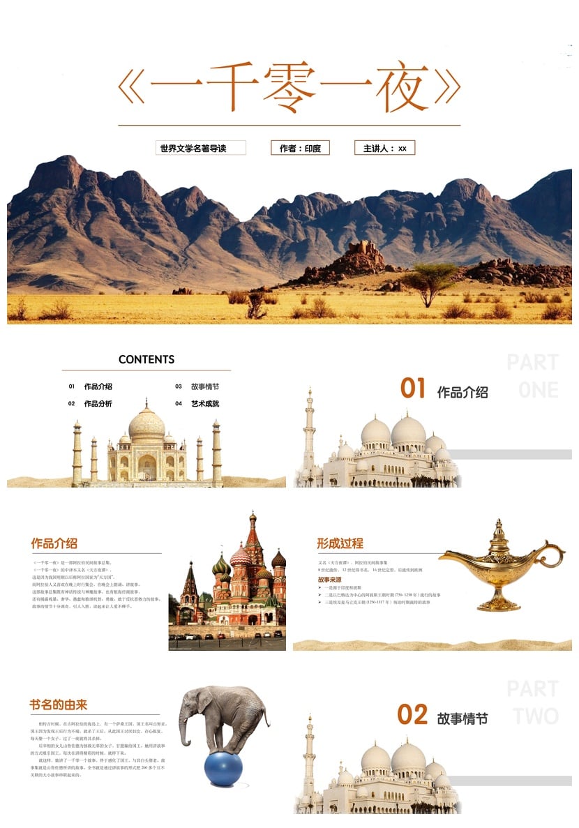 《一千零一夜》名著导读PPT模板 读书读后感素材 - 第1页预览
