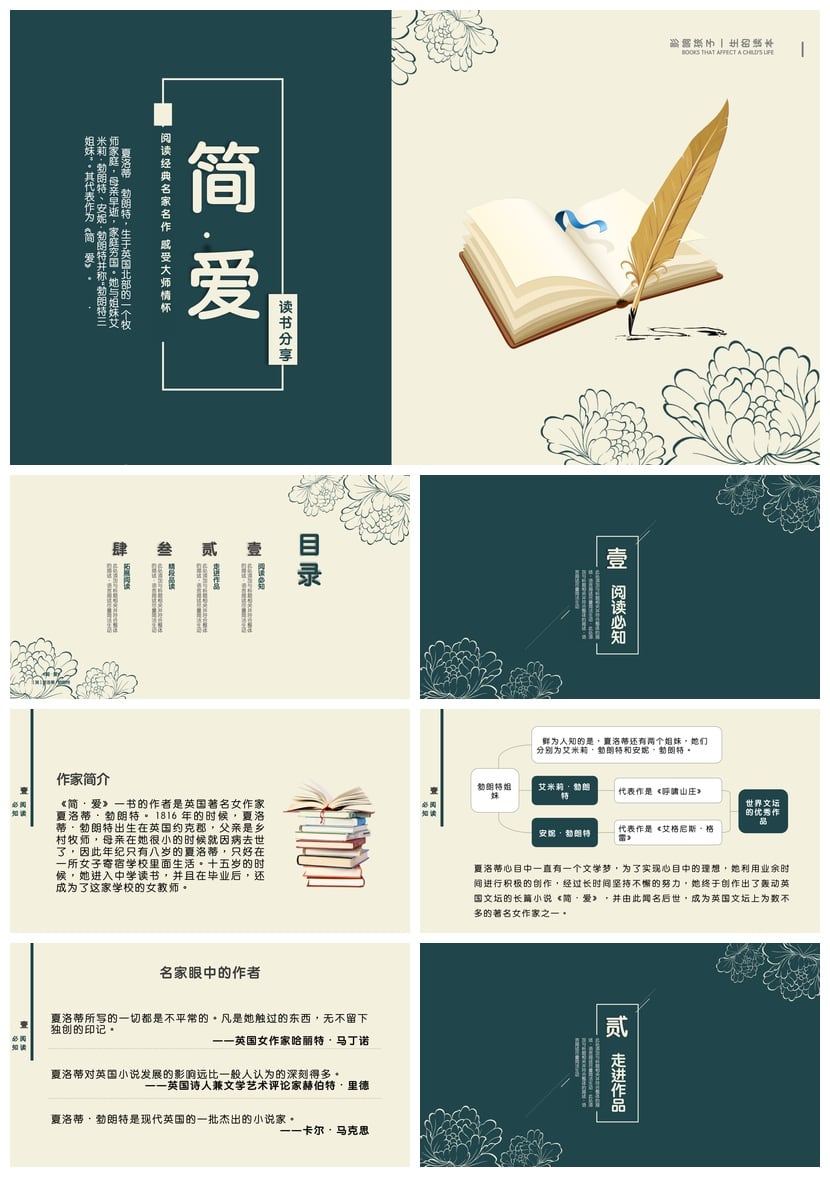 读书《简爱》PPT模板 夏洛蒂・勃朗特生平与作品素材 - 第1页预览