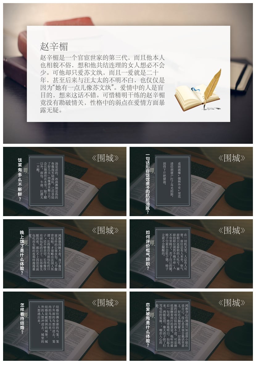 读书围城PPT模板 钱钟书《围城》读书笔记素材课件 - 第3页预览