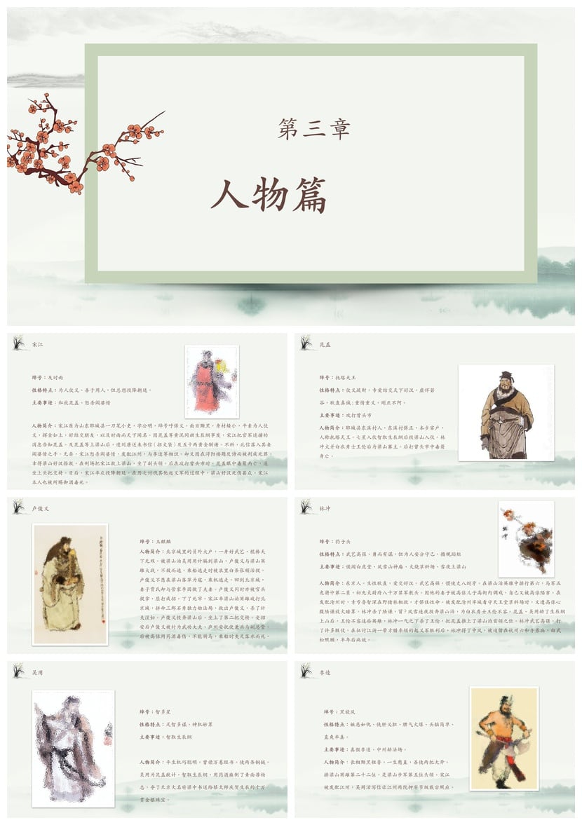 读书水浒传PPT模板 名著解析课件素材 人物关系与故事背景分析 - 第2页预览