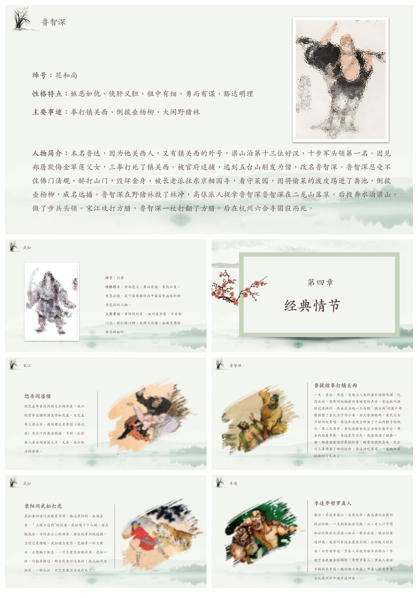 读书水浒传PPT模板 名著解析课件素材 人物关系与故事背景分析 - 第3页预览