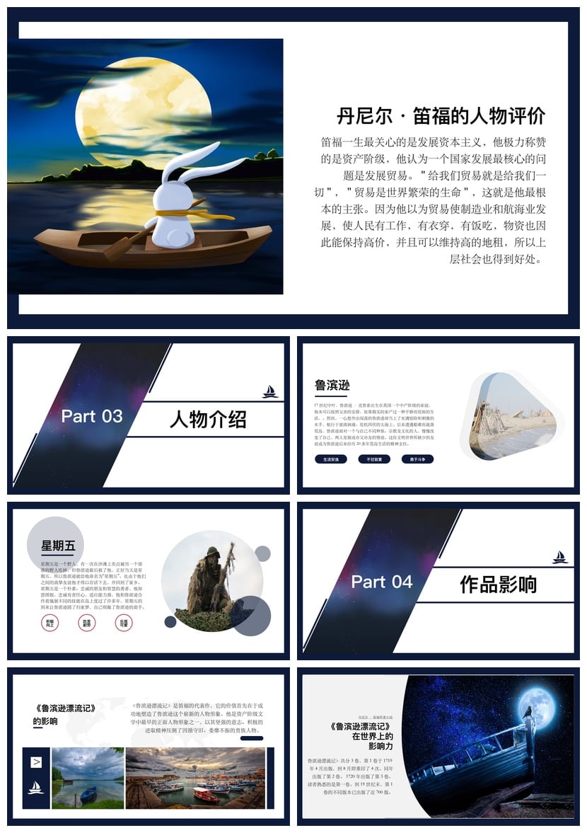 鲁滨逊漂流记PPT模板 读书会素材课件 人物情节分析幻灯片 - 第2页预览